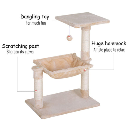 Two-Tier Cat Tree with Hammock, Sisal Scratching Post & Dangle Toy 70cm - Beige