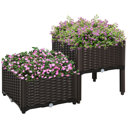 Set of 2 Raised Garden Beds with Self-Watering Planters - Brown