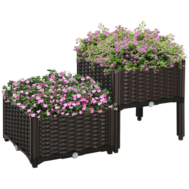 Set of 2 Raised Garden Beds with Self-Watering Planters - Brown