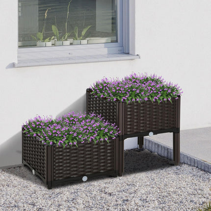 Set of 2 Raised Garden Beds with Self-Watering Planters - Brown