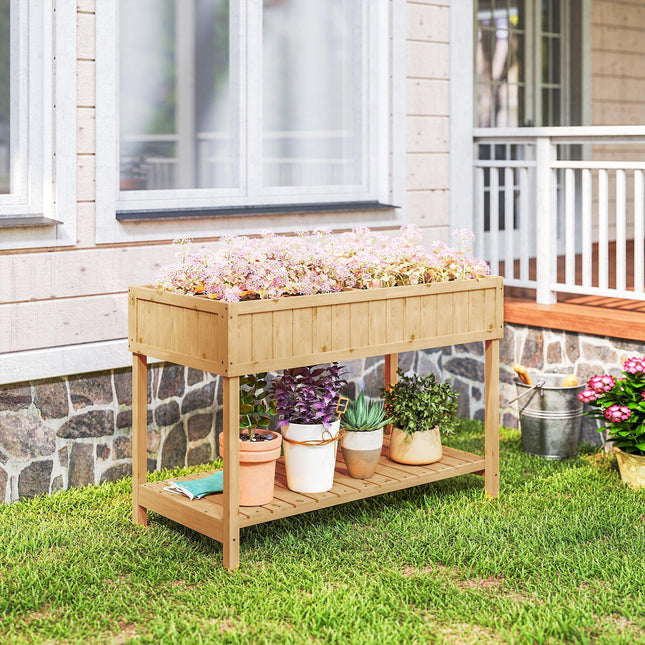 8 Compartment Wooden Garden Planter Box with Bottom Shelf - Oak Tone
