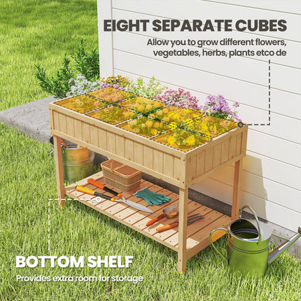 8 Compartment Wooden Garden Planter Box with Bottom Shelf - Oak Tone