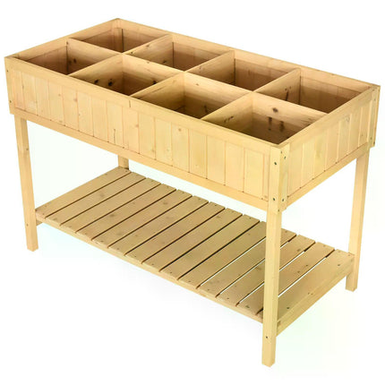8 Compartment Wooden Garden Planter Box with Bottom Shelf - Oak Tone