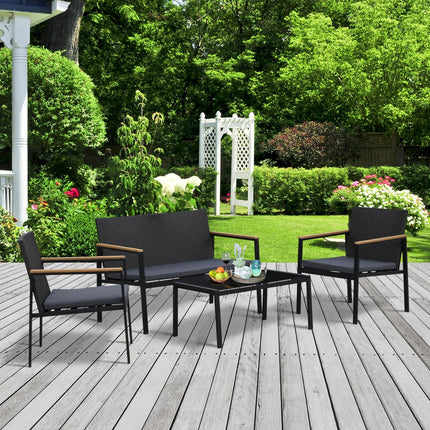 4 Pieces Rattan Garden Furniture Set, 4 Seater Garden Sofa Set with Loveseat, 2
