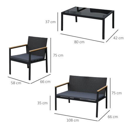 4 Pieces Rattan Garden Furniture Set, 4 Seater Garden Sofa Set with Loveseat, 2