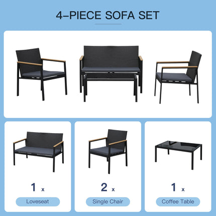 4 Pieces Rattan Garden Furniture Set, 4 Seater Garden Sofa Set with Loveseat, 2