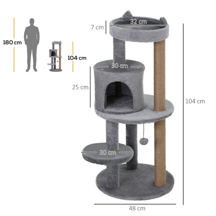 3-Tier 104 cm Deluxe Cat Tree with Scratching Posts and Play Ball - Grey