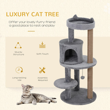 3-Tier 104 cm Deluxe Cat Tree with Scratching Posts and Play Ball - Grey