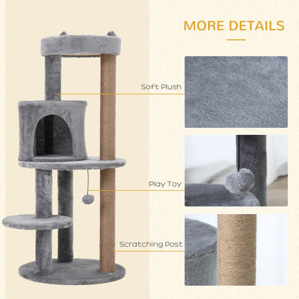 3-Tier 104 cm Deluxe Cat Tree with Scratching Posts and Play Ball - Grey