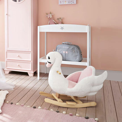 Swan Wooden Rocking Horse Kids Ride-On Plush Toy with Music - Pink/White