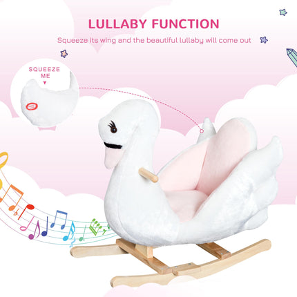 Swan Wooden Rocking Horse Kids Ride-On Plush Toy with Music - Pink/White