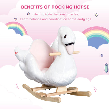 Swan Wooden Rocking Horse Kids Ride-On Plush Toy with Music - Pink/White