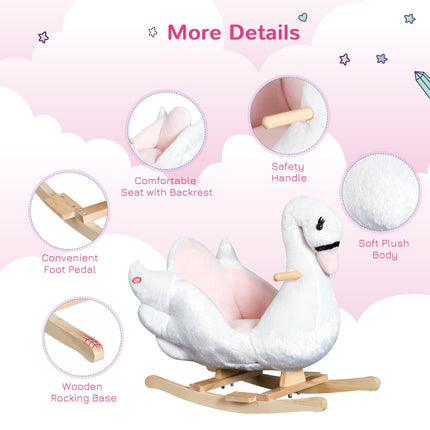 Swan Wooden Rocking Horse Kids Ride-On Plush Toy with Music - Pink/White