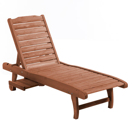 Outdoor Wooden Lounger Chair with Adjustable Backrest, Built-In Table & Wheels - Red Brown