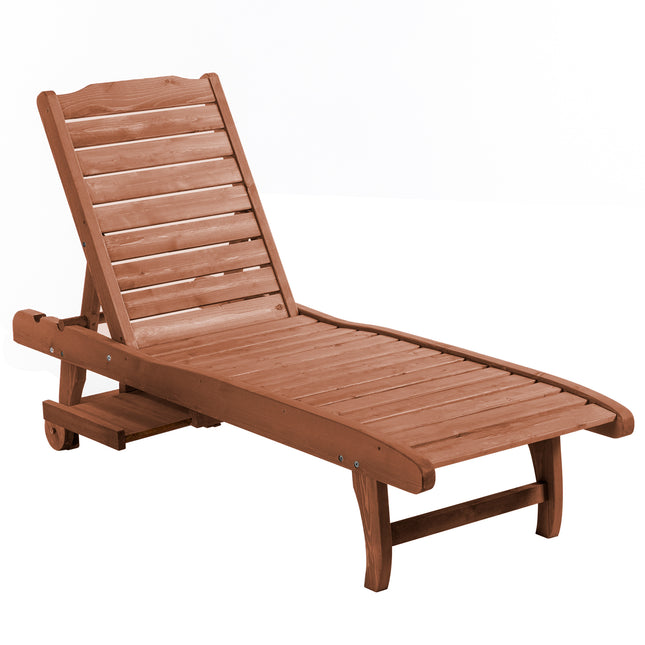 Outdoor Wooden Lounger Chair with Adjustable Backrest, Built-In Table & Wheels - Red Brown