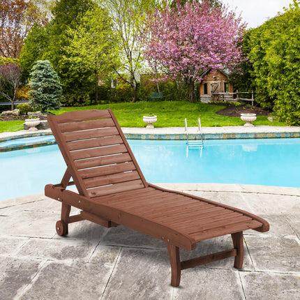 Outdoor Wooden Lounger Chair with Adjustable Backrest, Built-In Table & Wheels - Red Brown