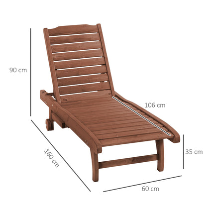 Outdoor Wooden Lounger Chair with Adjustable Backrest, Built-In Table & Wheels - Red Brown
