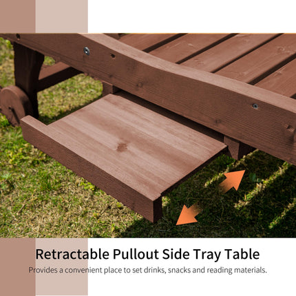 Outdoor Wooden Lounger Chair with Adjustable Backrest, Built-In Table & Wheels - Red Brown