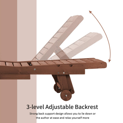 Outdoor Wooden Lounger Chair with Adjustable Backrest, Built-In Table & Wheels - Red Brown