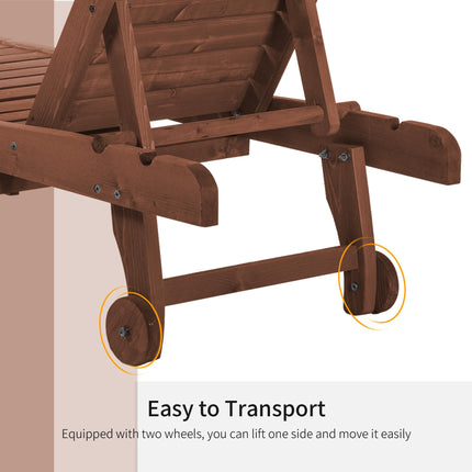 Outdoor Wooden Lounger Chair with Adjustable Backrest, Built-In Table & Wheels - Red Brown
