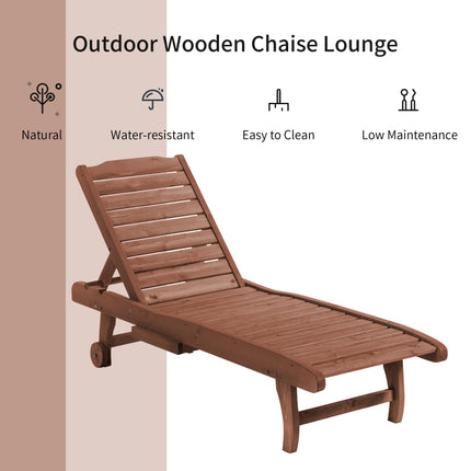 Outdoor Wooden Lounger Chair with Adjustable Backrest, Built-In Table & Wheels - Red Brown