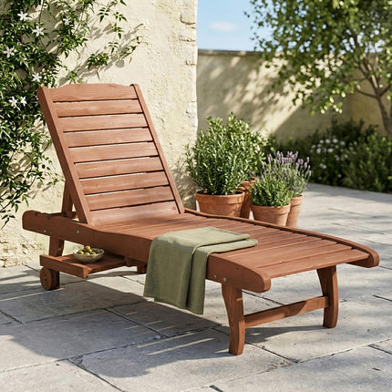 Outdoor Wooden Lounger Chair with Adjustable Backrest, Built-In Table & Wheels - Red Brown