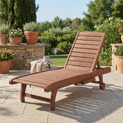 Outdoor Wooden Lounger Chair with Adjustable Backrest, Built-In Table & Wheels - Red Brown