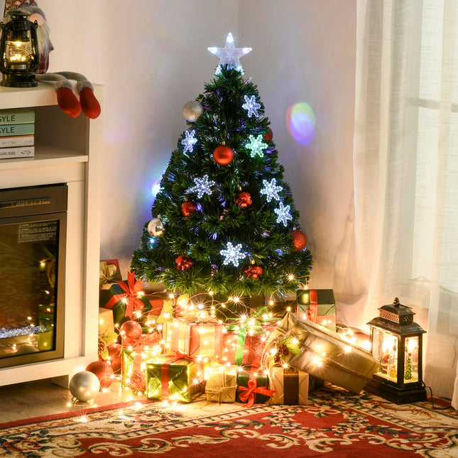 3ft Fibre Optic Christmas Tree with LED Snowflakes and Star - Green