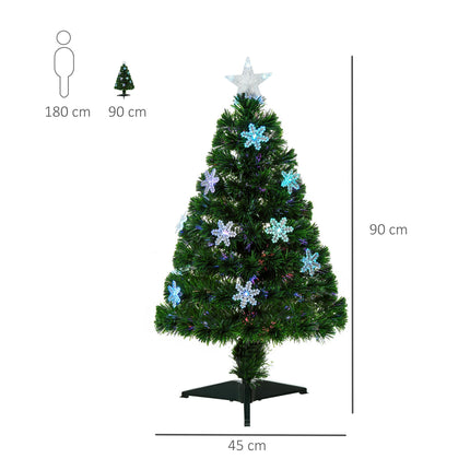3ft Fibre Optic Christmas Tree with LED Snowflakes and Star - Green
