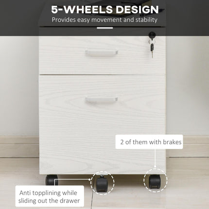 2-Drawer Locking Office Filing Cabinet with 5 Wheels Rolling Storage for Legal & Letter Files - White