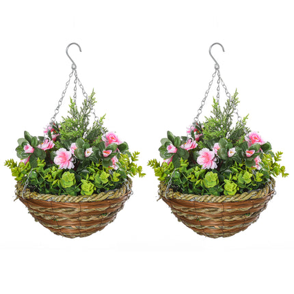 Set of 2 Hanging Artificial Lisianthus Flower Planters with Wicker Baskets - Pink