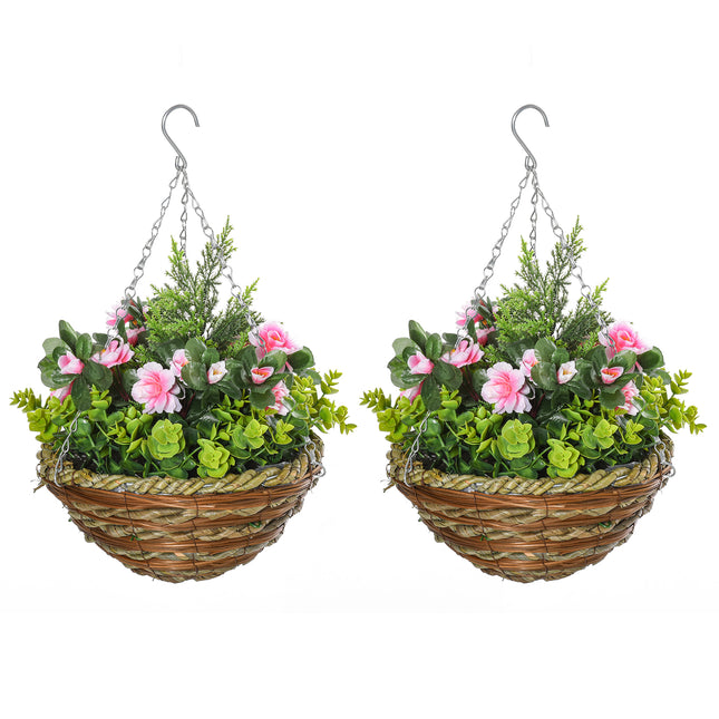 Set of 2 Hanging Artificial Lisianthus Flower Planters with Wicker Baskets - Pink