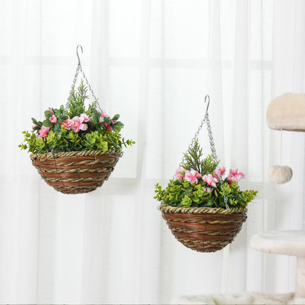Set of 2 Hanging Artificial Lisianthus Flower Planters with Wicker Baskets - Pink