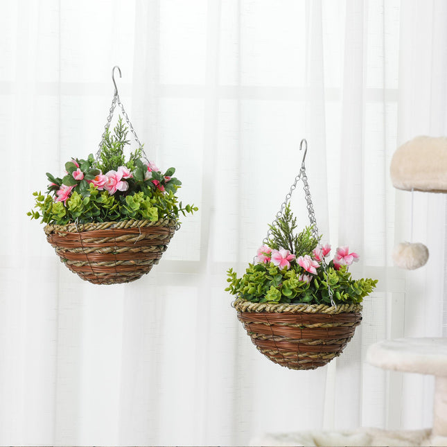 Set of 2 Hanging Artificial Lisianthus Flower Planters with Wicker Baskets - Pink