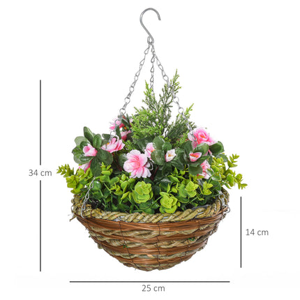 Set of 2 Hanging Artificial Lisianthus Flower Planters with Wicker Baskets - Pink