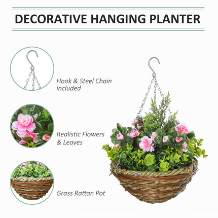 Set of 2 Hanging Artificial Lisianthus Flower Planters with Wicker Baskets - Pink