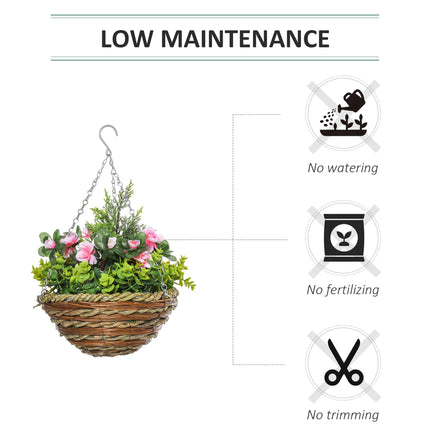 Set of 2 Hanging Artificial Lisianthus Flower Planters with Wicker Baskets - Pink