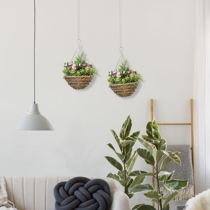 Set of 2 Hanging Artificial Lisianthus Flower Planters with Wicker Baskets - Pink
