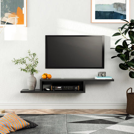 Floating Wall Mounted TV Unit with Open Shelf & Cable Holes - Black