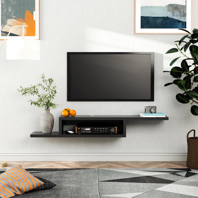 Floating Wall Mounted TV Unit with Open Shelf & Cable Holes - Black