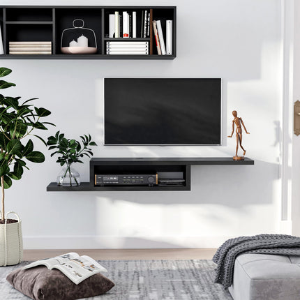 Floating Wall Mounted TV Unit with Open Shelf & Cable Holes - Black