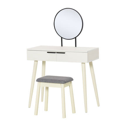 Dressing Table Set with Round Mirror, 2 Drawers & Cushioned Stool for Jewelry Storage - White