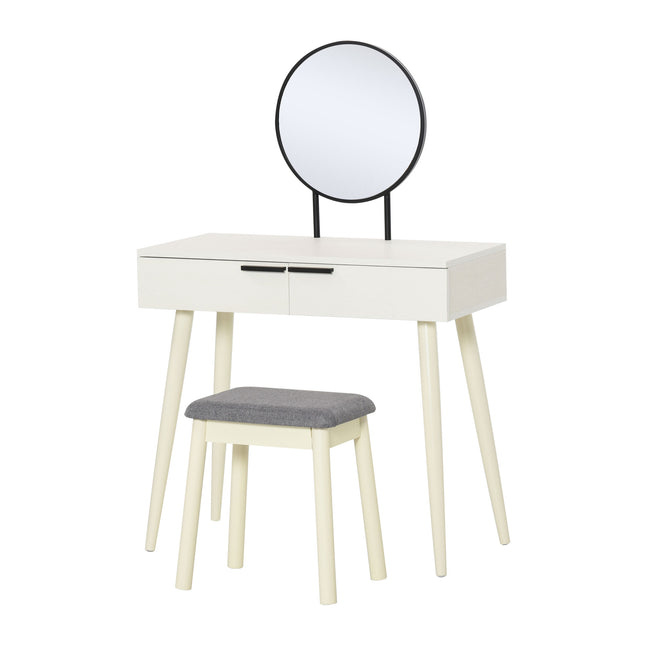 Dressing Table Set with Round Mirror, 2 Drawers & Cushioned Stool for Jewelry Storage - White