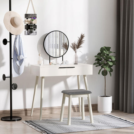 Dressing Table Set with Round Mirror, 2 Drawers & Cushioned Stool for Jewelry Storage - White