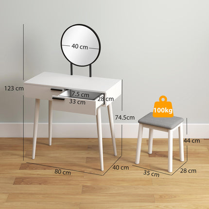 Dressing Table Set with Round Mirror, 2 Drawers & Cushioned Stool for Jewelry Storage - White