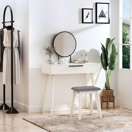 Dressing Table Set with Round Mirror, 2 Drawers & Cushioned Stool for Jewelry Storage - White