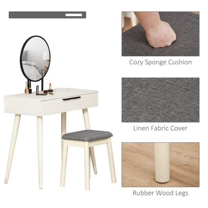 Dressing Table Set with Round Mirror, 2 Drawers & Cushioned Stool for Jewelry Storage - White