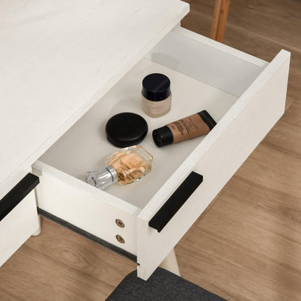 Dressing Table Set with Round Mirror, 2 Drawers & Cushioned Stool for Jewelry Storage - White