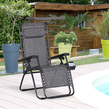 Zero Gravity Garden Deck Chair with Canopy and Cup Holder - Grey