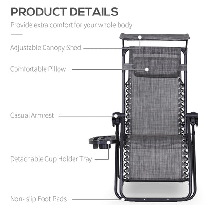 Zero Gravity Garden Deck Chair with Canopy and Cup Holder - Grey